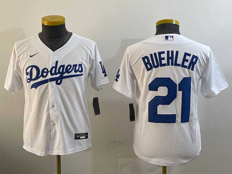 Youth Los Angeles Dodgers #21 Walker Buehler White Stitched Cool Base Nike Jersey